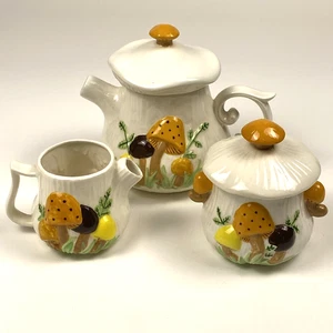 Vtg Arnel’s  Dbl Sided Mushroom Teapot, Sugar & Creamer with Lid 70's Excellent - Picture 1 of 24