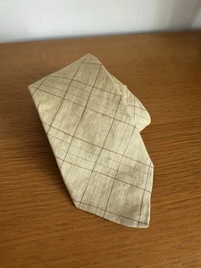 Boggi Vintage Tie 100% Linen Menswear - Cream Lemon Brown Check Tie - Picture 1 of 6