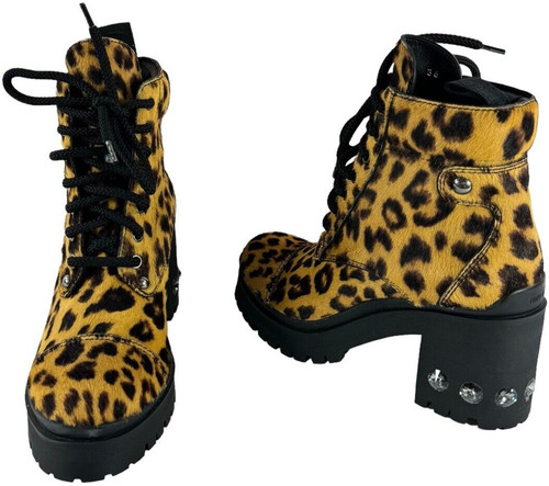 Stivali da trekking $1.200 MIU MIU Never Mind tacco a blocco cristallo peli di polpaccio 36 6 US