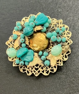 Vtg Miriam Haskelll Brooch Gold Tone Filigree Turquoise Glass Stones 2.5” 1940s - Picture 1 of 9