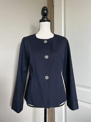 Chaqueta Blazer NANETTE LEPORE Mezcla Algodón Forrada Azul Marino Flor Botón Talla 6 Nueva con Etiquetas Foto 1 de 4