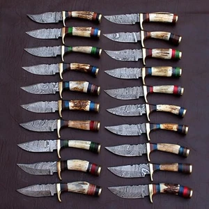 LOT OF 20PCS, 8''INCH SKINNER KNIFE STAG HORN HANDLE, DAMASCUS STEEL, W/SHEATH - Picture 1 of 5