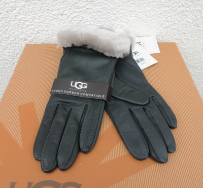 GUANTES INTELIGENTES UGG CLASSIC CUERO PINO NEGRO/PIEL DE OVEJA PANTALLA TÁCTIL ~ M ~ NUEVOS CON ETIQUETAS Foto 1 de 3