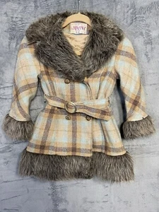 Vintage Of California Wool Plaid Pattern Fur Trim Belted Silhouette Jacket 70s - Picture 1 of 13
