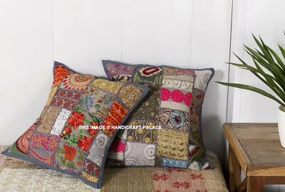 Handmade Vintage Patchwork Indian Ethnic Floor Pillow Boho Cushion Cover 40x40cm - Image 1 of 3