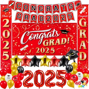 Graduation Party Decorations Class of 2025 Red, Grad Celebration Supplies Set wi - Picture 1 of 12