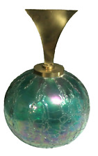 Mid-Century Modern Brass Stopper Iridescent Peacock Blue Crackle Glass Bottle