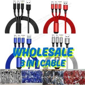 Wholesale 3A Fast USB Charging 3 In 1 Charger Cable For iPhone USB-C Micro USB - Picture 1 of 14