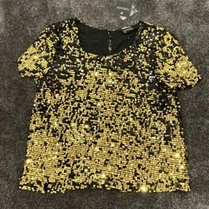 NEW TOPSHOP Sequins Black/gold Sz UK10 Eu38 Short Sleeve Xmas New Year TAGS BNWT - Picture 1 of 16