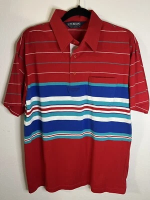 Винтажный пуританский мужской Polo большой в полоску SS 80-х карман красный белый синий Америка опрятный - Изображение 1 из 4