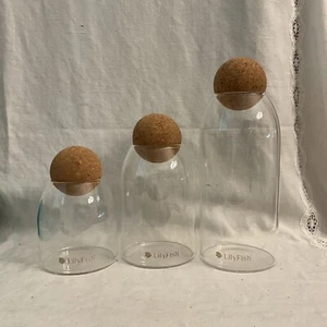 Lilyfish Lot Of 3 Clear Glass Jars Ball Cork Lid Storage 5” 7” 9” Tall Round - Picture 1 of 4