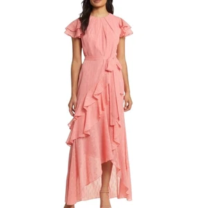 Eliza J METALLIC RUFFLE FIL COUPÉ HIGH-LOW MAXIKLEID ROSE GR. 12 FORMELL HOCHZEIT - Bild 1 von 11