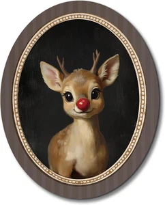 Vintage Christmas Oval Wall Art,Reindeer Christmas Decor,Farmhouse Living Room D - Picture 1 of 12