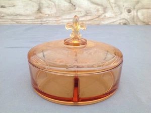 Geätztes Braunglas bedeckt geteilt Bonboniere Fleur de Lis Top - Bild 1 von 16
