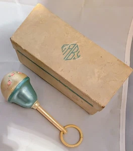 Vintage Plastic Celluloid Baby Rattle Roses Hand-Painted Baby Blue Original Box - Picture 1 of 14