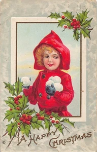1913 A Happy Christmas 1910s Postcard Embossed Young Girl Red Coat Snowball - Picture 1 of 2