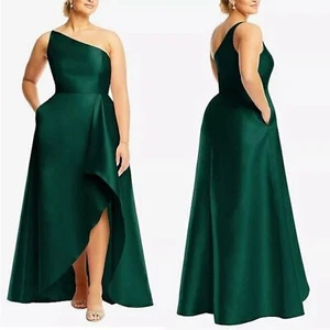 NEU ALFRED SUNG One-Shoulder Satin Kleid Taschen langes Kleid jägergrün Größe 12 - Bild 1 von 9