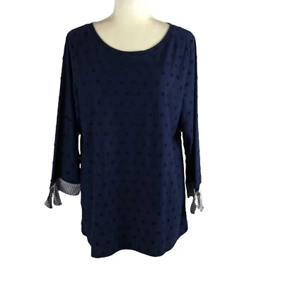 Kim Rogers Women's Size Large Navy Polka Dot Tie Sleeve Top - Изображение 1 из 4