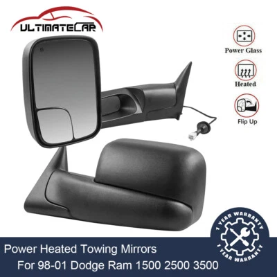 Pair Black Power Heated Tow Mirrors For 98-2001 Dodge Ram 1500 98-2002 2500 3500 - Image 1 of 4