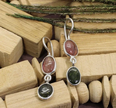 Pink Tourmaline Green Natural Gemstone Handmade 925 Sterling Silver Earring Gift - Image 1 of 4