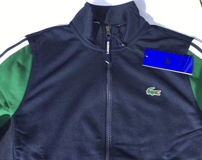 NEW LACOSTE TRACKSUIT TOP JACKET, BLUE GREEN WHITE, STRIPED ARMS UK SIZE S - Image 1 of 4