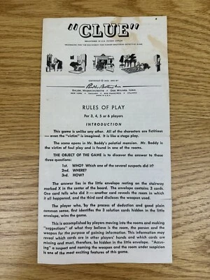 Vintage 1963 Parker Brothers CLUE Board Game Replacement Rules of Play 1949 - #2 - Image 1 of 4