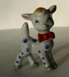Deer Figurine Polka Dotted  Red Bow Tie Cartoon Comic Ceramic Hand Painted Japan - Picture 1 of 1