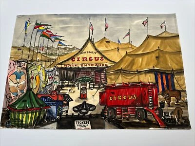 ANTIQUE PAINTING WPA STYLE REGIONALISM CLYDE BEATTY CIRCUS DOROTHY CHAMBERLAIN - Image 1 of 4