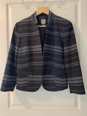Anne Klein Women Jacket Band Collar Open Front Striped Black Grey Blazer Sz S - Image 1 of 4