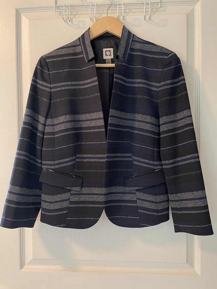 Anne Klein Women Jacket Band Collar Open Front Striped Black Grey Blazer Sz S - Image 1 of 4