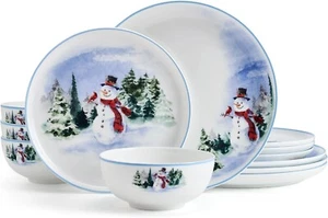 Mikasa Snowman Forest Chip Resistant 12 Piece Dinnerware Set Service for 4 - Picture 1 of 10