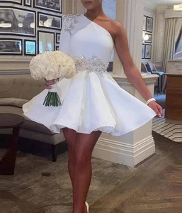 Romantic Short Wedding Dresses One Shoulder Sequins Lace Bridal Puffy Gowns - Picture 1 of 6