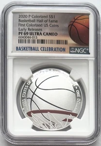2020 P Basketball Hall Of Fame Colorized Proof Silver Dollar $1 ER NGC PF69 - Picture 1 of 2