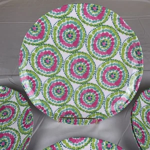Set of 7 Cynthia Rowley Melamine Plates 11" Pink/Green Dots-Boho-Party - Picture 1 of 5