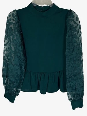 Top Zara Peplum Dobladillo XS Verde Cuello Simulado Mangas de Encaje Hinchado Estampado de Lunares Volantes Foto 1 de 4