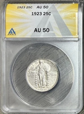 Cuarto Standing Liberty 1923, ANACS AU-50, ¡Blast White Beauty! Foto 1 de 2