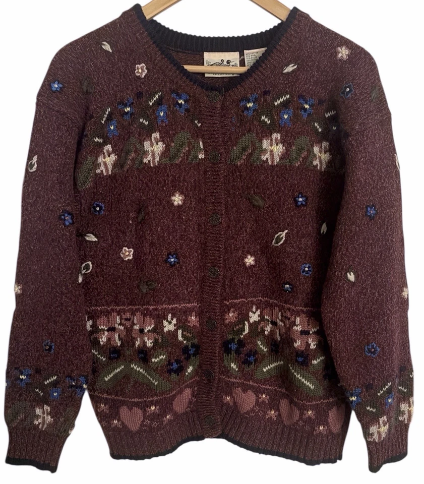 VTG Northern Reflections Floral Plum Color Wool Blend Button Cardigan Sweater-M- - Image 1 of 4