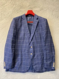 Lands End Sport Coat Sz 50R Plaid Linen Blazer Jacket Navy / 138-40 - Picture 1 of 14