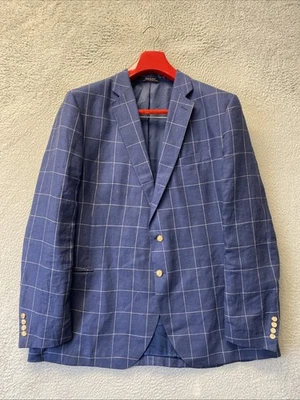 Lands End Sport Coat Sz 50L Plaid Linen Blazer Jacket Navy / 138-40 - Image 1 of 4