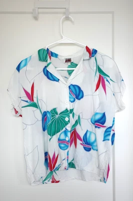 Camisa Aloha Hawaiana MiUSA Blanca Rayón Estampado Flor Cuello Años 90 Para Mujer S/M Y2K Foto 1 de 4