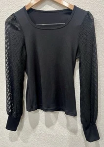 SHEIN Black Rib Knit Longsleeve Shirt Top Size:M Sheer Sleeves - Picture 1 of 6