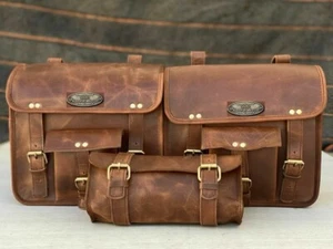 COMBO Real Brown Leather Saddle Bag 2 Side Bag 1 Tool Pouch Motorcycle Panniers - Bild 1 von 10
