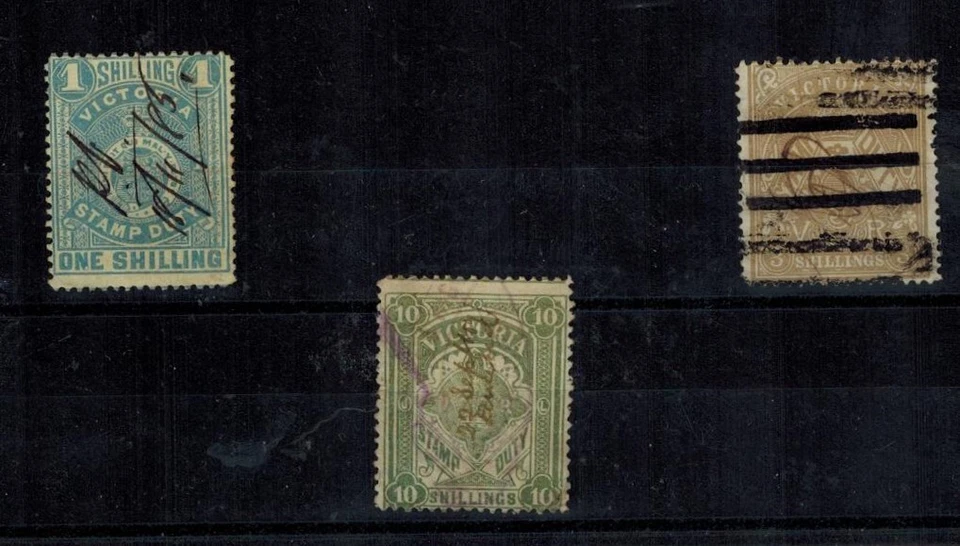 Australia Victoria Revenues 1879-97 Stamp Duties 1S Blue, 3S Olive, & 10S Green - Image 1 of 1