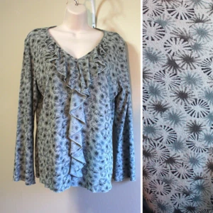J Jill Womens L LP Spa Blue Gray Star Shirt Stretch Mesh Ruffle Neck 3/4 Sleeve - Picture 1 of 7