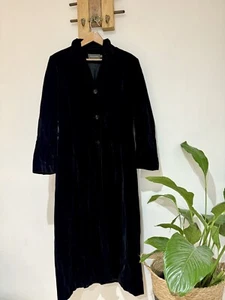 Vintage Y2K 90s 00s River Island Velvet Black Long Trench Coat Jacket Size 16 - Picture 1 of 5