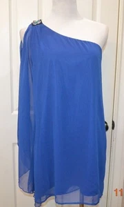 AWAKE- BLUE OFF SHOULDER- OPEN UPPER ARM TUNIC  W/ SHEER OVERLAY-POLYESTER- SZ L - Picture 1 of 6