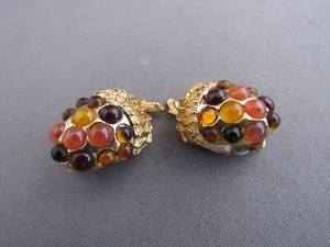 PENDIENTES CLIPBACK VINTAGE OSCAR DE LA RENTA TONO DORADO BELLOTA LUCITA ESTRÁS - Imagen 1 de 5