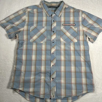 Harley Davidson Short Sleeve Button Up Shirt Mens XL Slim Fit Blue Orange Plaid - Image 1 of 4