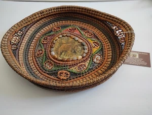 Handmade Southwest Style 16x13” Pine Needle Basket w Rock Painted Bear - Picture 1 of 10