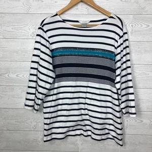 CJ Banks Women's Striped 3/4 Sleeve Shirt Sequins 100% Cotton Scoop Neck Size 1X - Picture 1 of 5